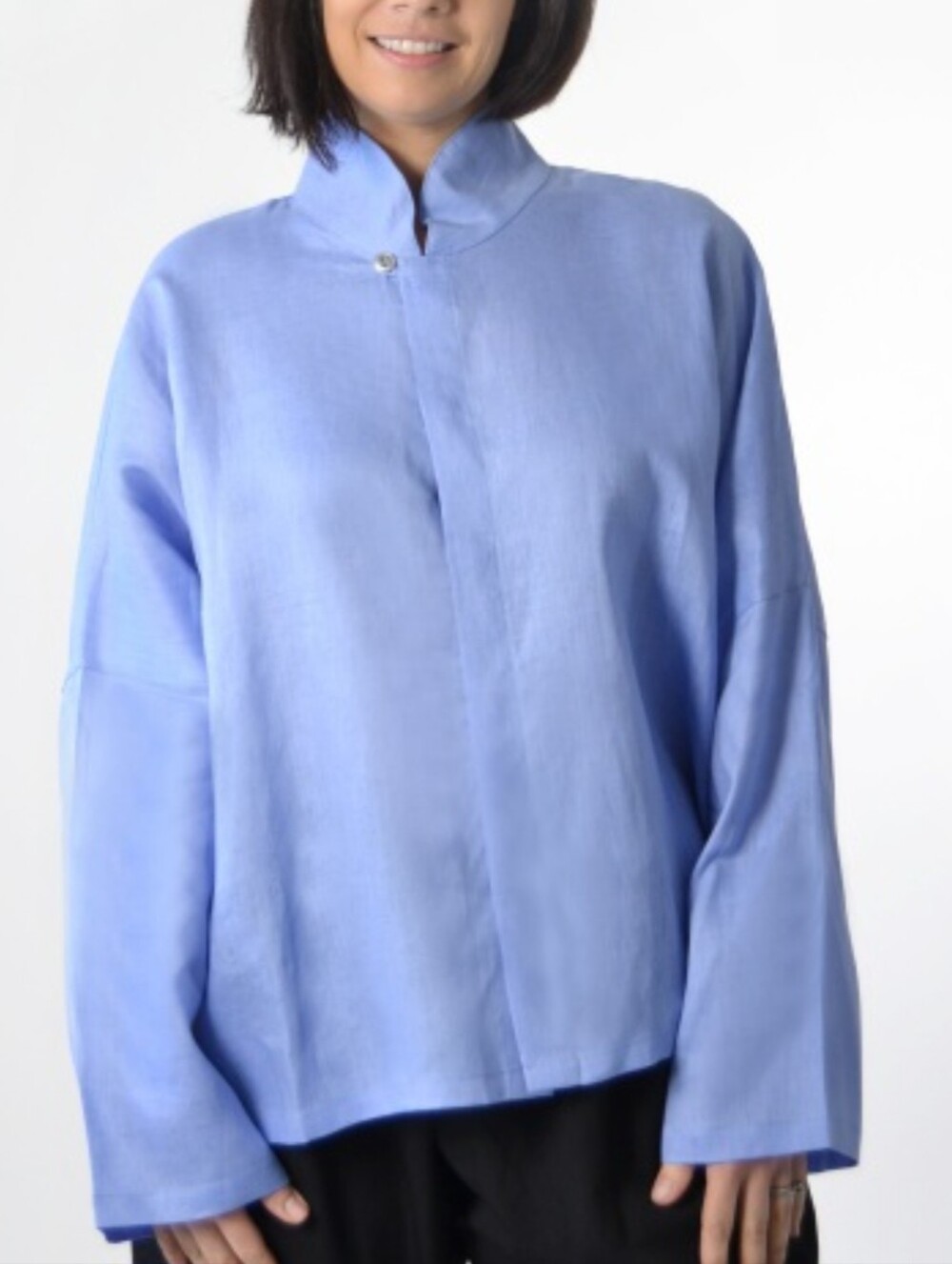 Planet Light Blue Mandarin Collar Women's Top One Size Linen 100%